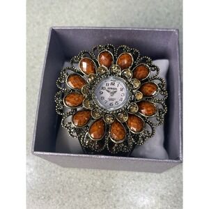 Strada Watch Bracelet Cuff Brown Jewel Crystal Flower Statement Piece